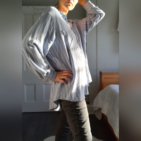 Oversized Striped Button Shirt Gorgeous Fabric Loose & Flowy Lrg 100% Rayon - Picture 12 of 16